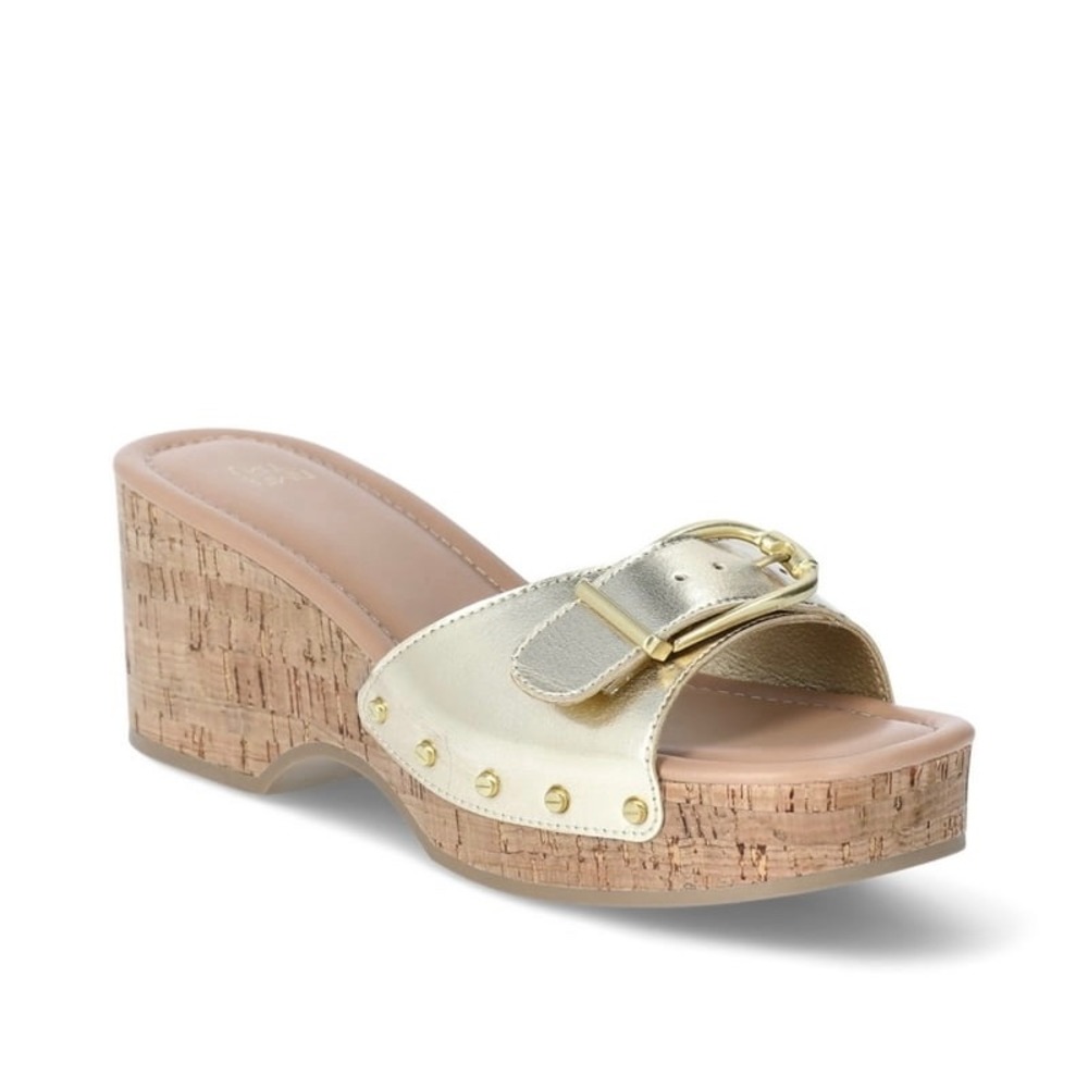 Time and Tru Womens Gold Metallic Cork Platform Wedge Buckle Slide Sandals 10